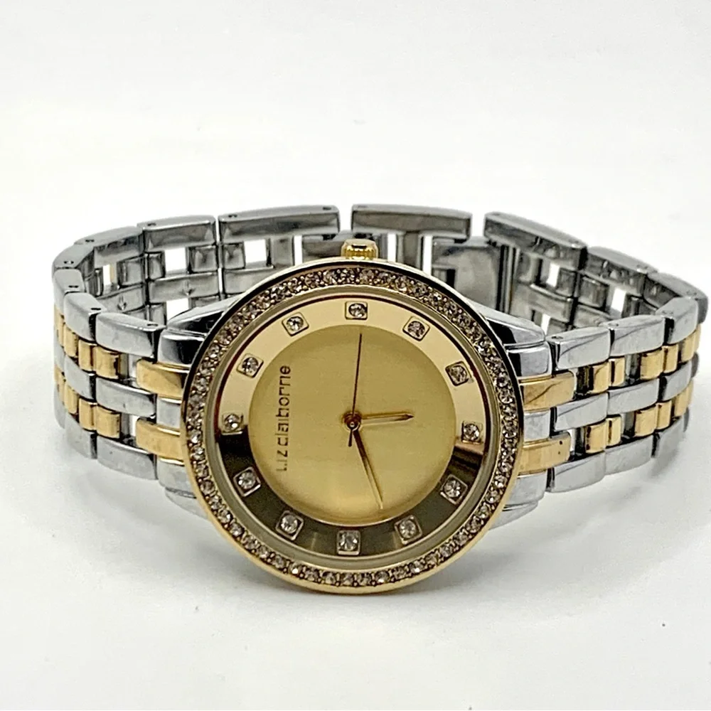 Liz Claiborne Two-Tone Crystal Bezel Watch 6.75" New Battery - Picture 3 of 14